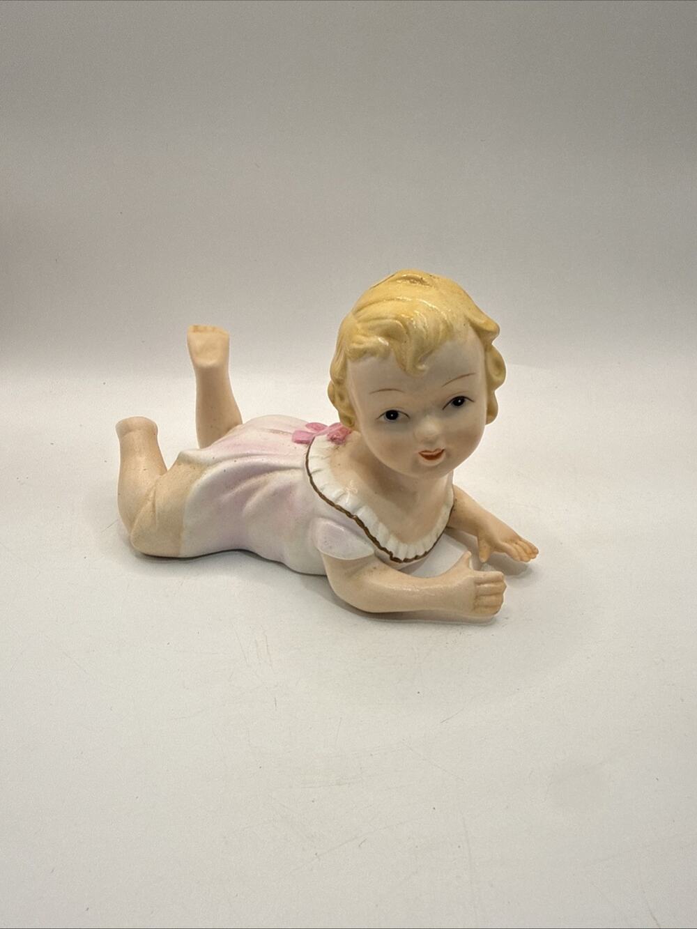 Vtg Brinn’s Japan Porcelain Bisque Piano Baby Crawling Girl Figurine Pink Gown *